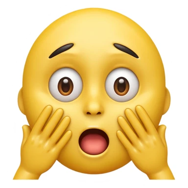A 3D glossy yellow emoji of a shocked horrified face, with mouth and eyes are wide open, eyebrows  raised, and hands against their cheeks, face without nose, black background, high quality, soft studio lighting sticker