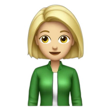 Mujer de 40 años rubia de ojos verdes con chaqueta de cuero negra , creando contenido con el celular  sticker