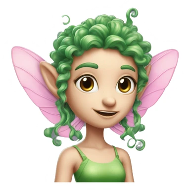 a pink-skinned creature with 4 eyes, elf ears with green curly hair, and fairy pixie wings, with FOUR EYES, SKINIS PINK sticker