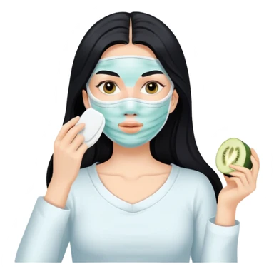 White girl with long black hair applying face mask, self care skincare routine sticker