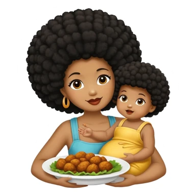 Una reina negra de piel oscura con afro dando de comer a su bebé de 8 meses varón de piel un poco más cara, el bebé está feliz comiendo pollo sticker