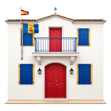 Andalusian-style Spanish house with white walls, blue windows, Spanish flag (red-yellow-red horizontal stripes) hanging from a small flag pole on the facade sticker