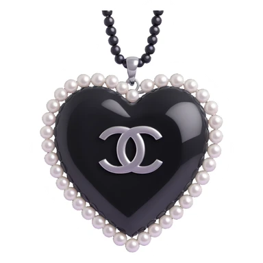glossy black heart with a string of pearls around it, featuring a silver Chanel logo in the center, elegant, black and white color scheme sticker