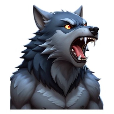 cinematic-noble-fierce-werewolf-howling-portrait-emoji, poised-and-imposing, with a fierce wolfish face tilted upwards in a haunting howl, glowing eyes full of primal ferocity, sharp, and a rugged snout, fur rippling in shades of midnight black and silver, muscles tensed as the powerful howl echoes beneath the moonlit sky; rendered with realism, capturing the raw, untamed power of the beast in its wild, primal state sticker
