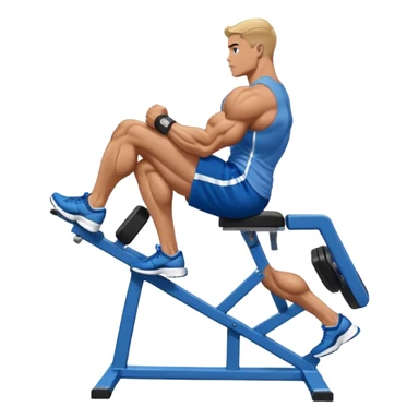 side-view bodybuilder in blue shorts seated weighted calf-raise machine lower leg exercise sticker