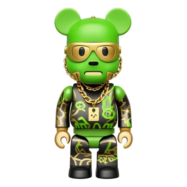 classic bearbrick figure with lime green mask covered in chaotic brand logos, wearing several large gold chains, gold pendant, rapper style accessories, expressive eyebrows sticker