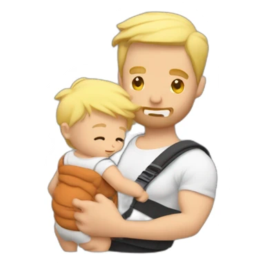 Muscular blonde man wearing a baby in a baby carrier with broad shoulders and short scruffy hair and the back of babies head just visible sticker
