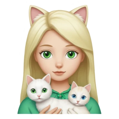 Blonde girl with green eyes holding a white cat with blue and green eyes sticker