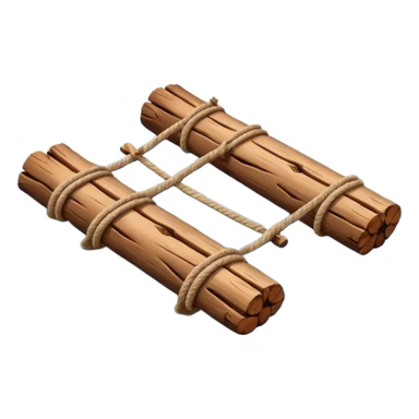 showing a simple wooden raft floating on calm blue water — made of several brown logs tied together with rope — gentle ripples around it — bright, cheerful lighting and soft shadows — minimalist, clean emoji design sticker