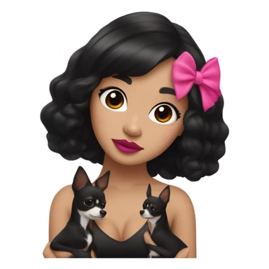 Thick medium black hair with hot pink lip and pink cheek Filipino lady hugging black and white Chihuahua  sticker