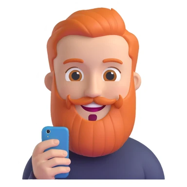 bold man with beard speaking on an iPhone, animoji style, smiling, 3D look sticker
