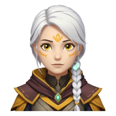 female Destiny 2 warlock, white hair in a long braid, golden yellow eyes, no helmet, novice armor sticker