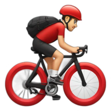 Garçon en tenue rouge sur un vélo noir vélo avec un sac tout rouge cubique, avec un logo qui représente une toque sticker
