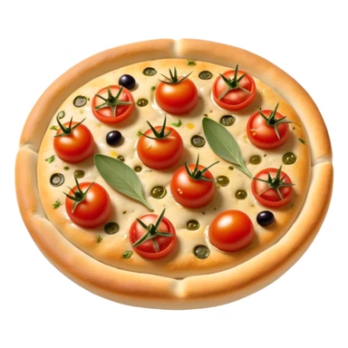 cinematic-realistic-focaccia-bread-dish-emoji,-depicted-as-a-golden,-olive-oil-brushed-flatbread-sprinkled-with-herbs-rendered-with-lifelike-texture-and-soft,-appetizing-lighting showing olives on top and the cherry tomatoes sticker