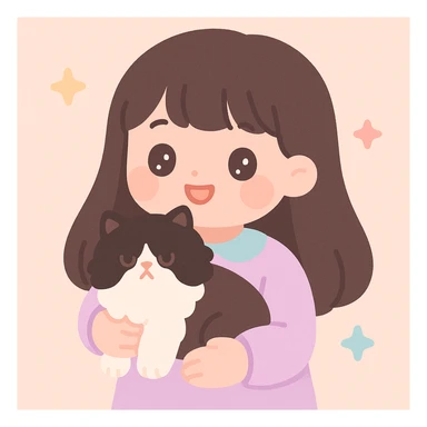 a girl with long dark brown, almost black hair with bangs, holding a fluffy black and white Persian cat, cute illustration style sticker
