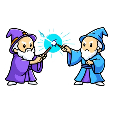wizard and brain dueling with colorful spell blasts sticker