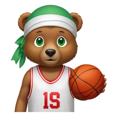Cool brown bear with green eyes in a white silk durag and red basketball jersey showing just the top shoulders and collar, iOS emoji style sticker