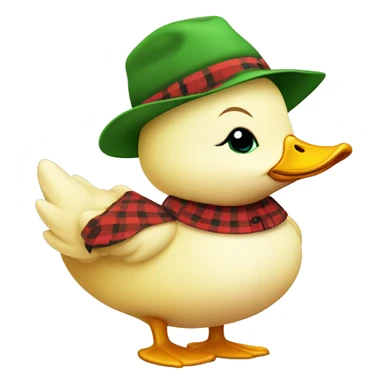 cute fluffy chubby baby farmer duck with hand and wear green hat and red checkered shirt sticker