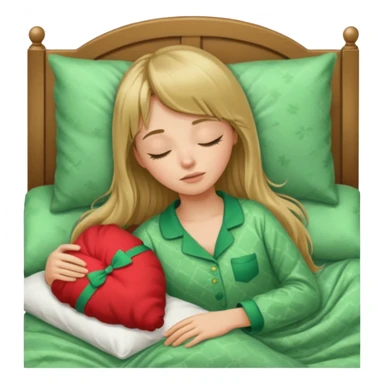 Young woman with long dark blond hair and a bang sleeping in bed  with green pyjama sticker