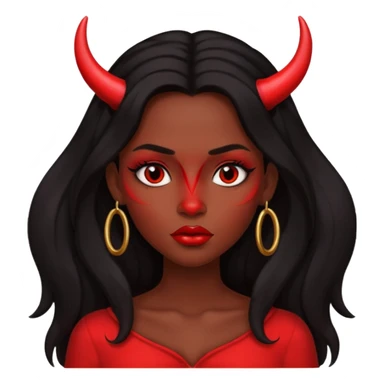 A skin red girl's face with cheekbones, long black hair, small red horns, big lips sticker