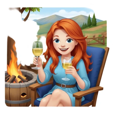 Laughing redhead with long hair and blue eyes holding white wine sitting in chair beside fire pit sticker