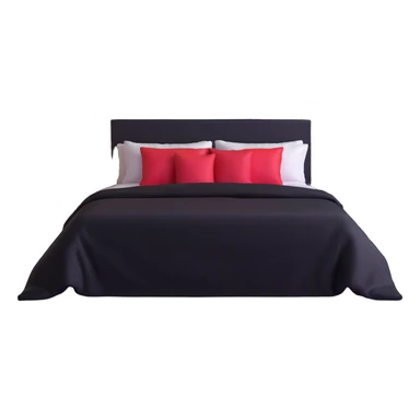 dark bedroom with black walls, black bed frame with black sheets, framed paintings of magic 8 balls and cherries, black nightstand with red LED lights sticker