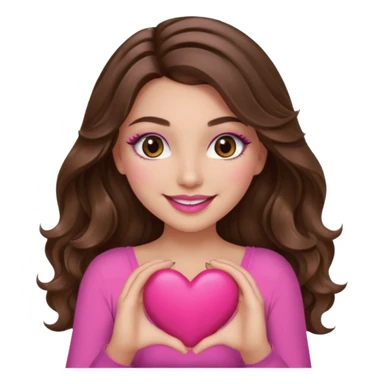 girl with long wavy brown hair, brown eyes, long lashes makeup, sexy pink lips, light to medium complexion, wearing a pink sexy top, smiling, holding a big heart with both hands sticker