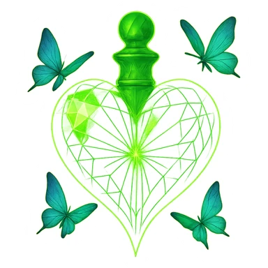 Remove the background fully to make it transparent. Keep only the heart-shaped bottle and butterflies. Add a strong glowing aura around the object with neon green color. The background must be fully transparent (PNG). sticker