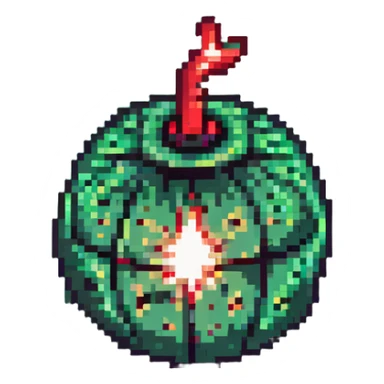 Green digital bomb animation frame 4, round bomb body with green highlights, tiny leaf-shaped fuse at top, intense green glow, about to explode, nature-inspired design, pixel art style sticker