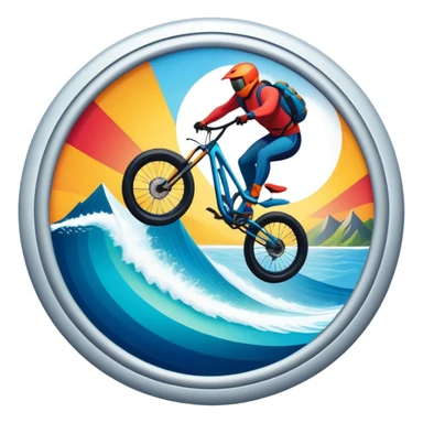 A bold, dynamic emblem combining elements of extreme sports like a mountain, a bike, surfing, ocean and a parachute, all within a circular or shield-like shape. The design conveys speed, adventure, with sharp lines and vibrant colors representing the thrill and intensity of extreme sports. sticker