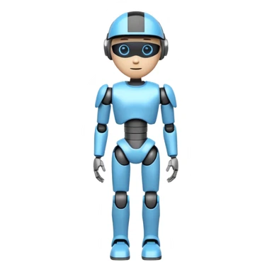 A 3D emoji-style humanoid robot with a white and gray body, thin legs, black joints, and a glowing blue neon visor instead of a face, without eyes. Futuristic and sleek design, simplified details for clarity at small emoji size, standing upright like a human sticker