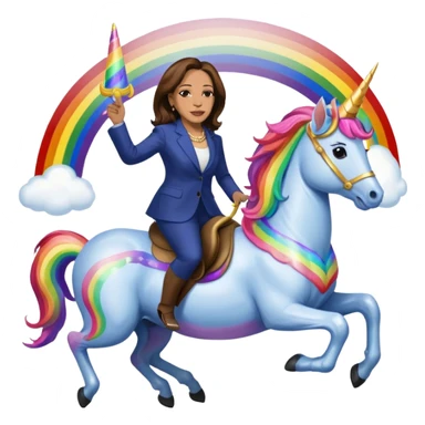 Kamala Harris and donald trump riding a rainbow unicorn sticker