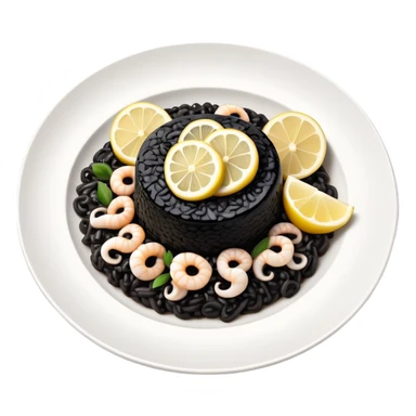 cinematic-realistic-black-risotto-dish,-showcasing-small squid pieces-rendered-with-bold-textures-and-dynamic,-dramatic-lighting in a white plate with a grilled lemon on top sticker
