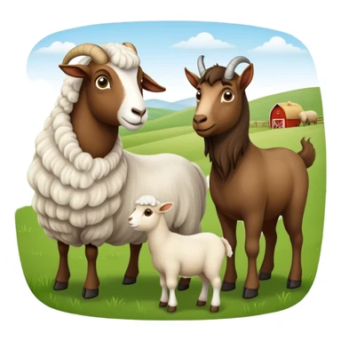 Icon for Domestic Hooved Animals: A gentle collage featuring a brown goat with large, curious eyes, a calm sheep with soft wool, and a majestic horse with a flowing mane. Background with a green pasture and a few hay bales. Transparent background. sticker