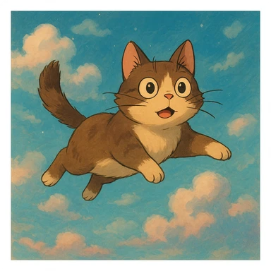 flying cat with expressive eyes in a dreamy sky background in ghibli style sticker