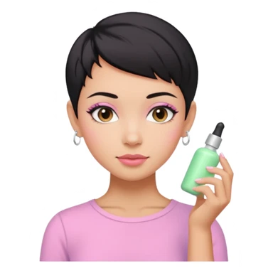 tan girl pink shirt with black hair & a pixie, cut no earrings, doing pastel colors skin care sticker