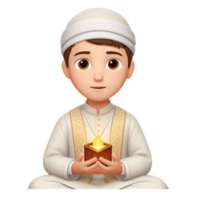 Personnage 3D mignon en style Pixar, un petit garçon portant un qamis blanc et un kufi, tenant un tapis de prière, entouré de lanternes brillantes, fond doux, couleurs chaudes, sticker