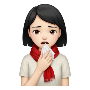 a pretty bratz fair girl crying in a loose oversized off white tshirt and red scarf with short black hair with a tissues in hand sticker
