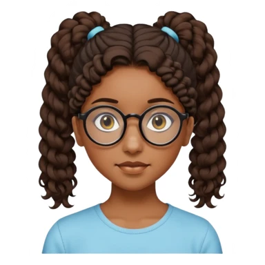 chica morena de ojos claros con gafas negras exagonales redondeadas. y pelo rizado castaño con todo el pelo recogido en una coleta .. Con todo el pelo recogido un clen look solamente una coleta tiene 16 años sticker