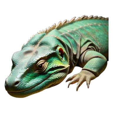 Meme-Worthy cute Sleeping Komodo Dragon Lizard Portrait Emoji, Head resting peacefully with a contented smile, showcasing a rugged, textured form and eyes gently closed in serene slumber, Simplified yet comically adorable features, highly detailed, glowing with a soft, drowsy glow, high shine, relaxed and utterly lovable, stylized with an air of playful laziness, bright and heartwarming, soft glowing outline, capturing the essence of a sleeping ancient guardian that feels destined to become the next viral icon of adorable rest! sticker