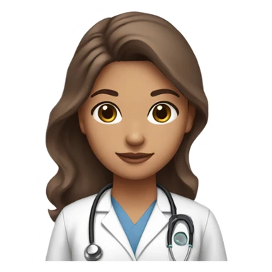 Tan skin color girl with dark brown eyes and long thick eyelashes. She has long brown wavy hair. She has a pink scrubs set on her as her clothes, with a pink stethoscope around neck.  sticker