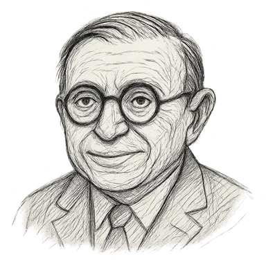 Enhance the Jean-Paul Sartre black outline icon with much more detailed, rich hand-drawn linework to resemble a true drawing rather than a simple icon. Show a neutral smile and keep the round glasses. Use a transparent background. sticker