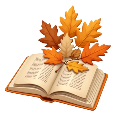 A cute 3D emoji of an open book with autumn leaves around it, cozy fall colors (orange, brown, beige), playful and modern style, glossy finish, minimalistic but expressive, symbolizing a Fall Reading Challenge. sticker