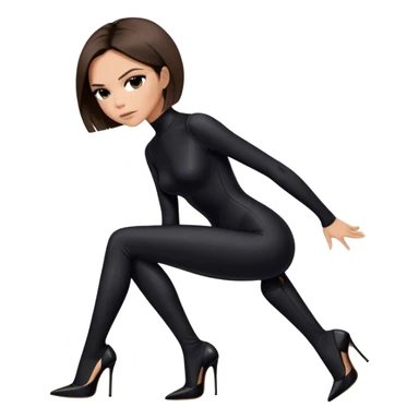 Victoria Beckham with light skin, short dark brown bob, black catsuit wearing black heels sticker