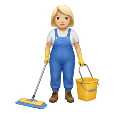 old and fat women, Custodian with yellow rubber gloves, white T-shirt, blue overalls, mopping floor sticker