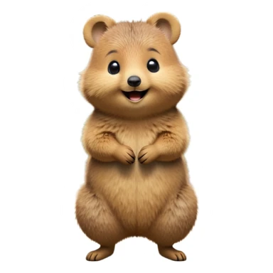 cinematic-quokka-realistic-full-body-standing on its hind legs hunched over-emoji,-small-round-frame-balanced-on-tiny-strong-hind-legs,giant fluffy cheeks large smile-fluffy-brown-fur-radiating-a-warm-softness,-big-round-eyes-filled-with-joy-and-innocence,-tiny-clawed-paws-held-close-to-chest,-cheerful-smile-exuding-endearing-happiness,-simplified-yet-realistic-focused-features,-highly-detailed,-glowing-with-a-sunny-warmth, skinny tail sticker