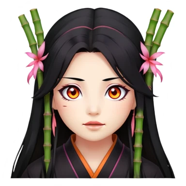 Nezuko with long black hair with orange tips, pink eyes, bamboo muzzle in mouth sticker