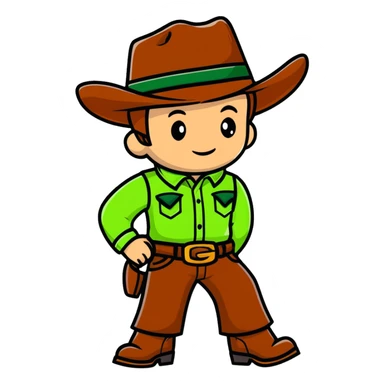 Cartoon cowboy with bright green outfit and matching green cowboy hat, western style sticker