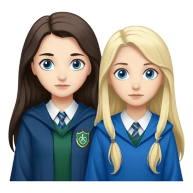 a pretty ravenclaw girl with long dark brown hair and blue eyes standing with a pretty Slytherin girl with long blonde hair, blue eyes sticker