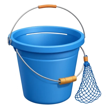 A small bucket with a fishing net leaning against it.
 sticker